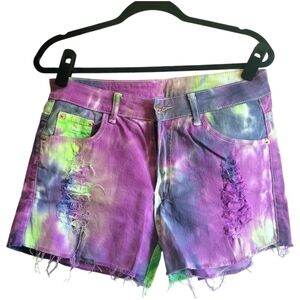 Joly's Purple Green Neon Tie Dye Jean Shorts Women size 34